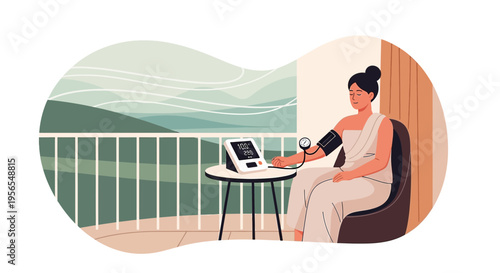 Woman checking blood pressure on balcony with scenic view