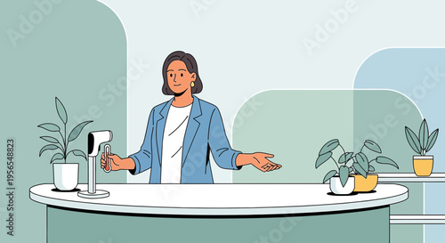 Woman at reception desk with plants and scanner, modern office interior design