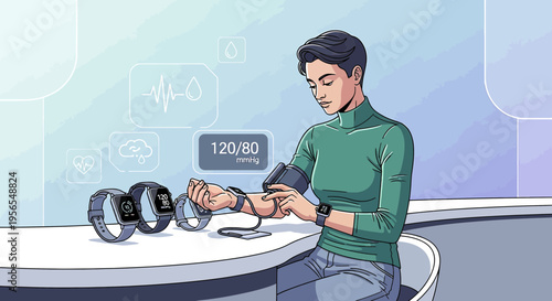 Woman checking blood pressure with smartwatch, health monitoring technology