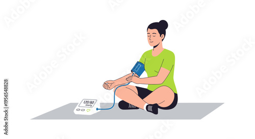 Woman checking blood pressure at home, health monitoring, digital device on mat