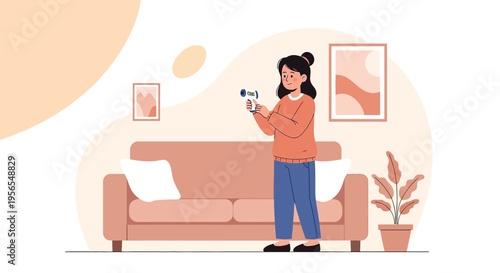 Woman checking temperature with infrared thermometer at home, health check, fever symptom
