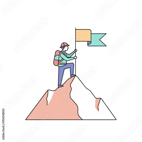 Adventurer reaches mountain summit, planting flag. Success, achievement, exploration, and victory concept.