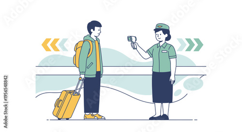 Traveler temperature check at airport, security screening, health control, pandemic prevention