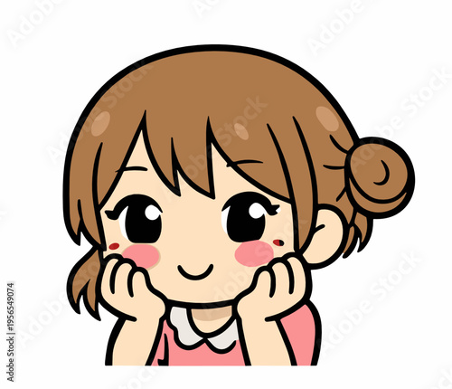 Sweet anime girl with brown hair resting her chin on both hands and smiling softly. Cute portrait character isolated on white, great for stickers, blogs, chat graphics and lifestyle designs.