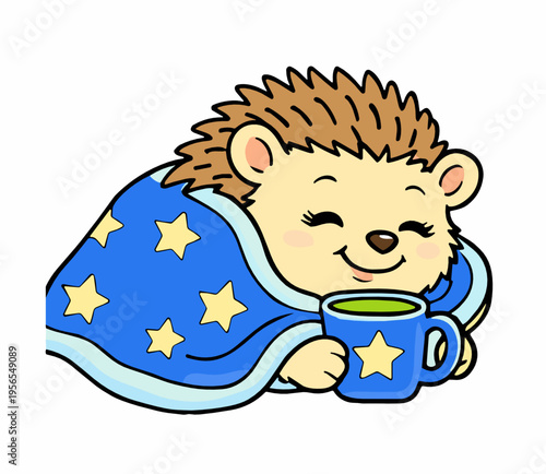 Sleeping cartoon hedgehog wrapped in a blue star blanket and holding a mug. Cozy bedtime character for nursery art, good night cards, sleep concepts, and children's design.