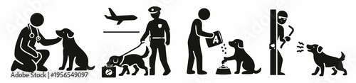 Long horizontal set of service dog scenes including obedience, aid, rescue, training, and security tasks. Versatile vector banner for assistance dog programs, canine work, and support concepts.