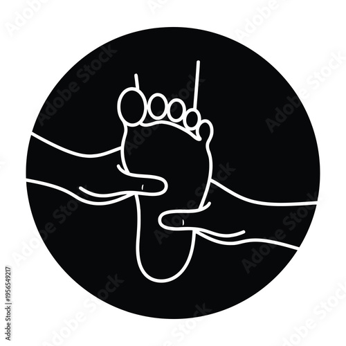 Foot massage therapy hands holding foot in black circle icon