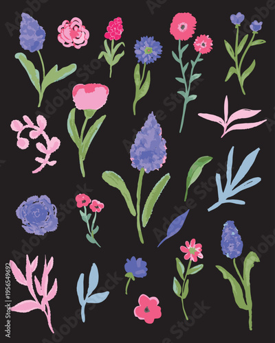 Collection of hand drawn, aquarel spring flowers with leaves on a black background. Various, vecto, isolated botany clip art illustration elements.
