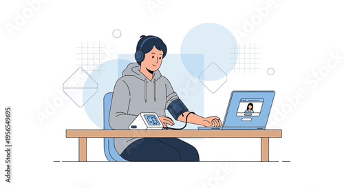 Telemedicine: Patient uses home blood pressure monitor during online doctor consultation