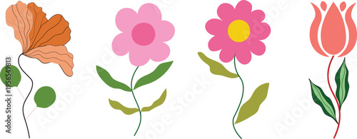 Seamless floral pattern with pink tulips and various blooming flowers in a decorative vector style