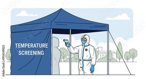 Temperature Screening Tent with Healthcare Worker in Hazmat Suit Using Infrared Thermometer