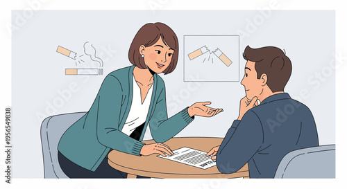 Therapist counseling patient about quitting smoking, support and health concept