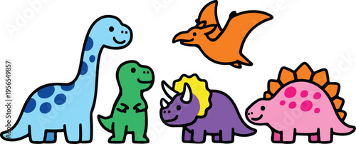 Cute Colorful Dinosaur Group with Blue Brontosaurus, Green T-Rex, Orange Pterodactyl, Purple Triceratops and Pink Stegosaurus, Kawaii Cartoon Style vector illustration
