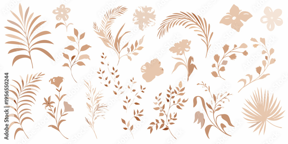 Fototapeta premium Delicate botanical illustrations of various leaves and floral arrangements