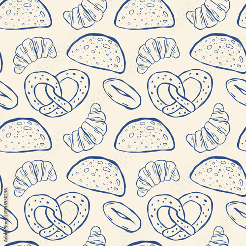 Sketchy pastries pattern with croissants, pretzels, and bread