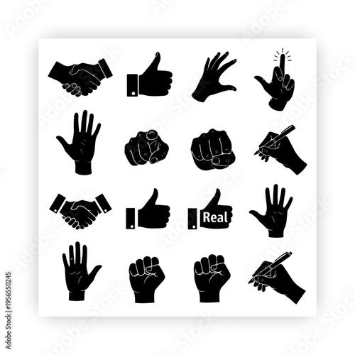 PrintHand gesture silhouette vector illustration set,
eight black icons showing handshake,
thumbs-up, snap, open hand, pointing, fist, and writing