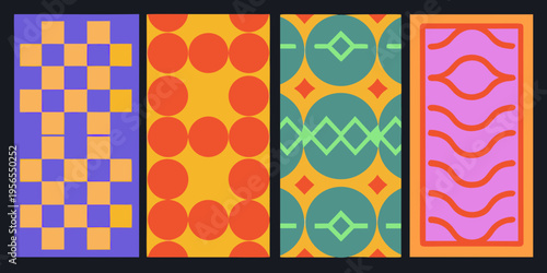 Four colorful vertically oriented panels with repeating geometric patterns