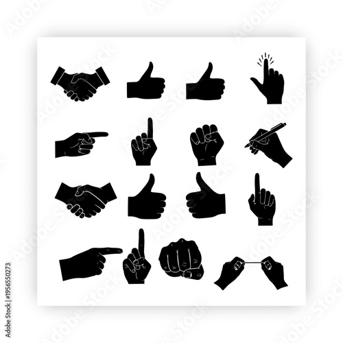 PHand gesture silhouette vector illustration set,
eight black icons showing handshake,
thumbs-up, snap, open hand, pointing, fist, and writingrint