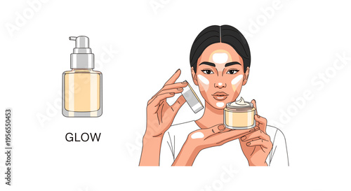 Woman applying skincare products in soft natural lighting for beauty and wellness advertising