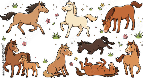 Cartoon Horses in Various Poses, Including Galloping, Rolling, and Grazing with Flowers and Grass for Farm, Animal, and Nature Designs