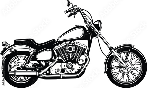 WebBlack and white motorcycle vector illustration, classic chopper bike silhouette, custom cruiser motorbike with chrome engine, vintage garage design element
