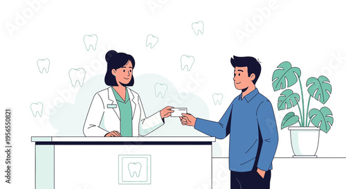 Dentist Receptionist Giving Card to Patient at Dental Clinic