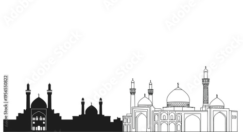 Black and white illustration of mosque and palace skyline silhouette isolated on white background