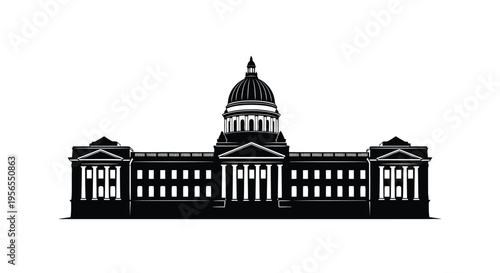 Black silhouette of a government building with a large dome isolated on white background