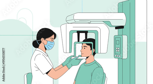 Dentist using dental X-ray machine on patient for panoramic imaging in clinic