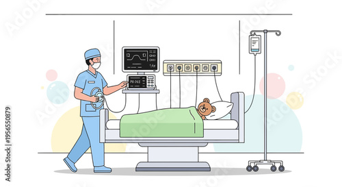 Doctor Adjusting Medical Equipment for Patient in Hospital Bed