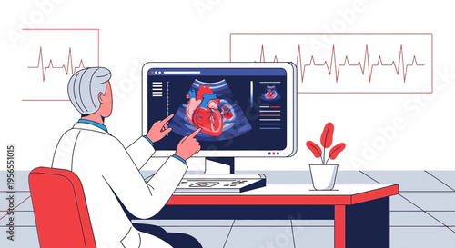 Doctor analyzes heart ultrasound on computer screen with ECG monitor in background