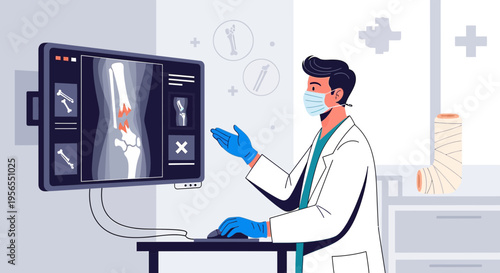 Doctor analyzes knee X-ray on computer screen, medical diagnostics, orthopedic examination