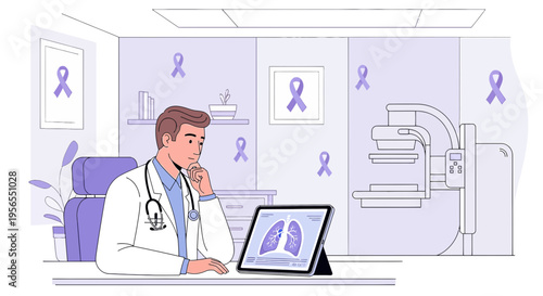 Doctor analyzes lung X-ray on tablet in modern clinic with purple awareness ribbons