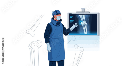 Doctor analyzes knee X-ray on screen, illustrating orthopedic surgery and medical technology