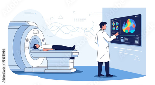 Doctor analyzes MRI brain scan results on futuristic screen next to patient in scanner