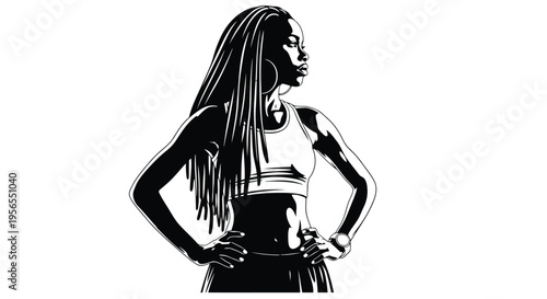 Silhouette of young woman with long dreadlocks standing confidently in sportswear isolated on white background