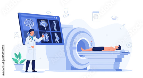 Doctor analyzes MRI scan results on a large screen next to a patient in an MRI machine.
