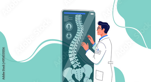 Doctor analyzes spine X-ray on futuristic holographic display, medical technology concept
