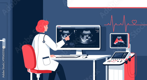 Doctor analyzes ultrasound scan of fetus on computer screen in modern clinic