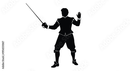Silhouette of fencer in defensive stance with sword isolated on white background
