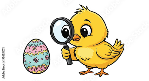 Yellow cartoon chick examines decorated Easter egg with magnifying glass, flat illustration isolated on white background