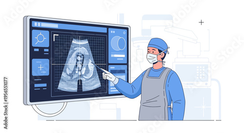 Doctor analyzes ultrasound scan on futuristic screen, medical technology and healthcare concept