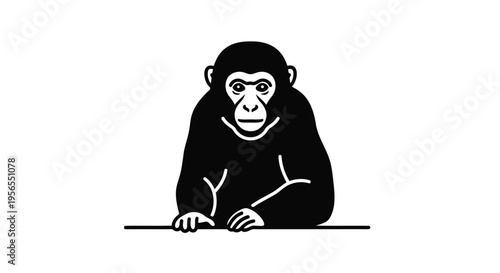 Black silhouette of a chimpanzee peeking over a surface in minimalist flat design isolated on white background