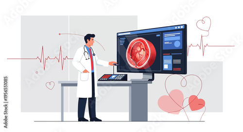 Doctor analyzing 3D heart scan on futuristic monitor, cardiology technology concept