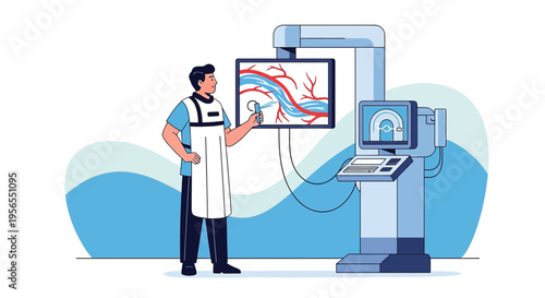 Doctor analyzing blood vessels on screen during medical procedure with advanced technology