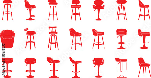 Bar stool and chair silhouettes vector set. Modern high seating designs in red style. Furniture icons collection isolated on light background for interior use.