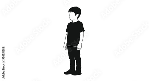 Black silhouette of a boy standing alone in flat design isolated on white background