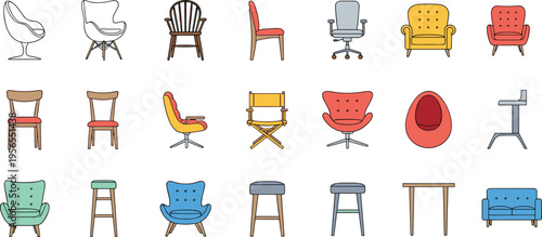 Chair and stool collection vector set. Modern and classic seating designs in various styles. Colorful furniture illustrations isolated on light background for interior use.