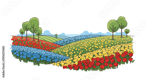 Vibrant colorful flower field landscape with trees and rolling hills in flat illustration style isolated on white background