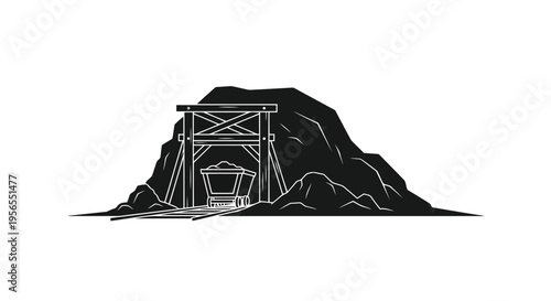 Silhouette of mining headframe and bucket on a hill isolated on white background